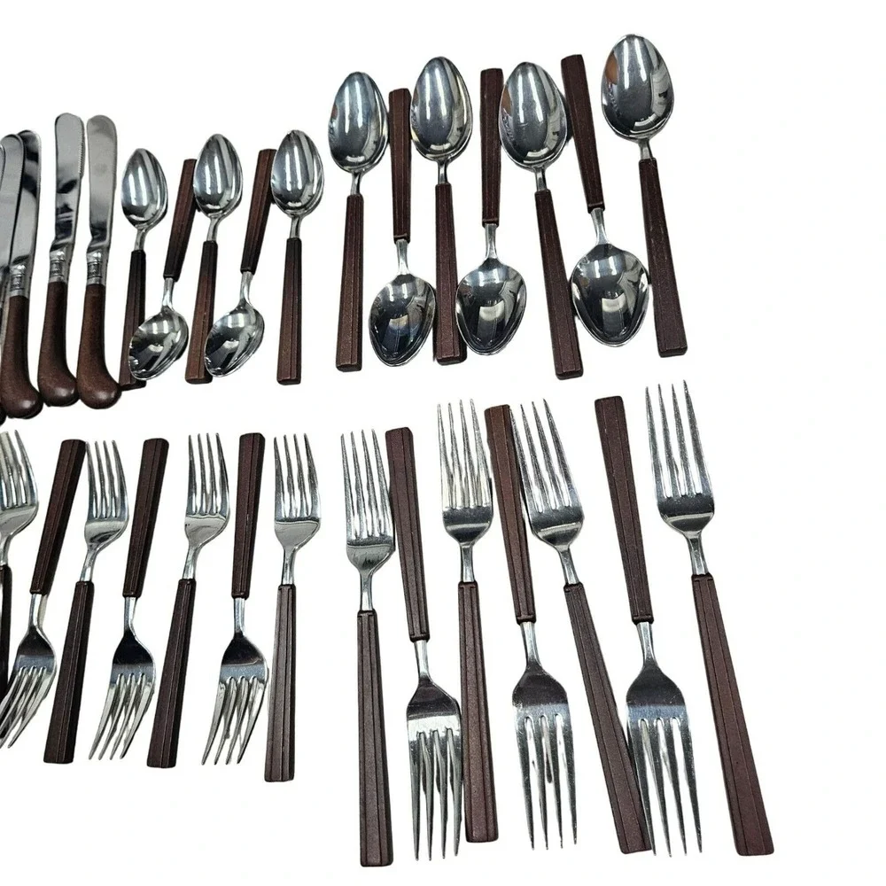 Vintage EKCO ETERNA Rare Shape Brown‎ Faux Wood Handle Flatware Forks 34 Pieces
